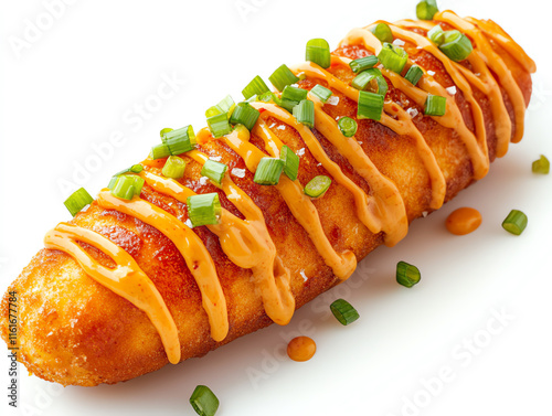 Delicious crispy corn dog topped with sauce and green onions, perfect for snacks or party events. photo