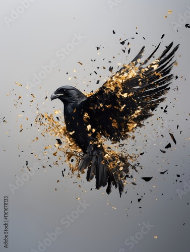 Black Bird in Mid-Flight with Exploding Gold Fragments on a Minimalist Gray Background photo