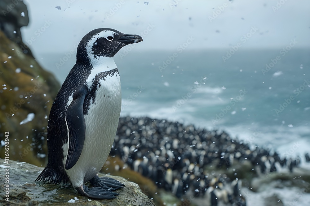 Obraz premium Penguins stand tall on a rocky cliff, overlooking the vast icy ocean, gazing into the distance with a serious expression