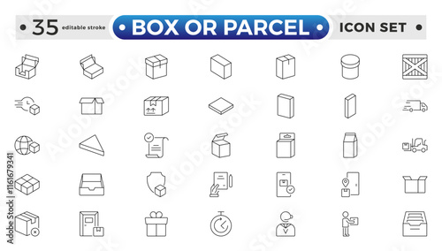 Box or Parcel outline icon vector set. Containing storehouse, stock, package storage, machine, process, cargo truck, courier, step and productivity, forklift, freight. Editable stroke outline icon. 
