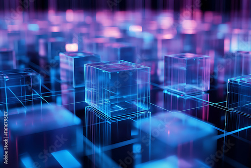 Neon Grid: Translucent Cubes and Digital Matrix