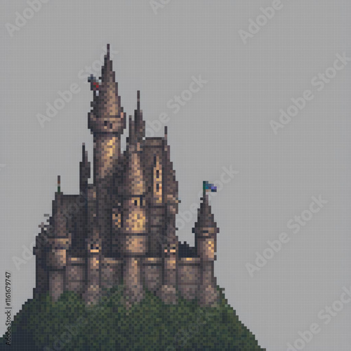 Pixel art castle on hill with flag