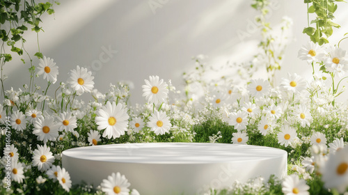 serene spring scene featuring white podium surrounded by vibrant daisies and lush greenery, perfect for showcasing products or floral arrangements