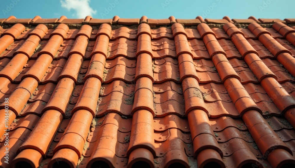 Earthy-toned clay roof with complex geometric tilework , clay, orange, rooftop Earthy-toned clay roof with complex geometric tilework , clay, orange, rooftop