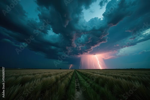 Dark, churning cloudscape; lightning illuminates prairie grasses, prairie, power of nature, intense photo