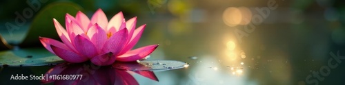 Pink lotus blossom, reflecting sunlight on water, garden, aquatic