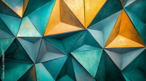 Geometric wall design featuring turquoise and gold color scheme with three-dimensional shapes photo