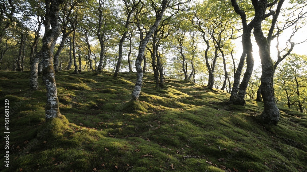 Sunlit mossy hillside with slender trees. Sunlit mossy hillside with slender trees.