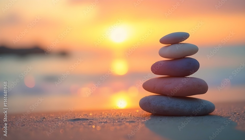 Piedras apiladas en la playa al atardecer, simbolizando relajación y equilibrio en la naturaleza Piedras apiladas en la playa al atardecer, simbolizando relajación y equilibrio en la naturaleza