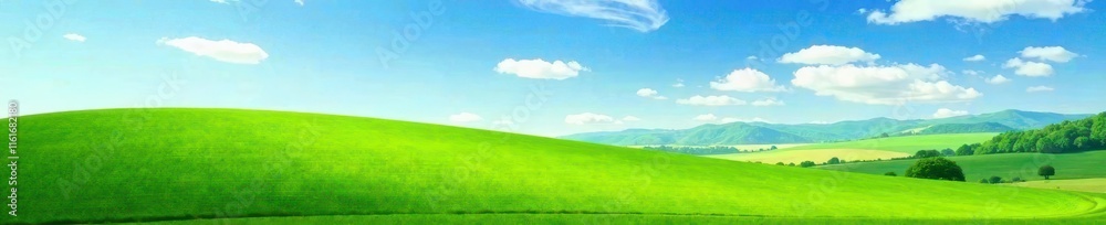 Fototapeta premium Serene landscape with vast green field under bright blue sky, blue sky, serenity