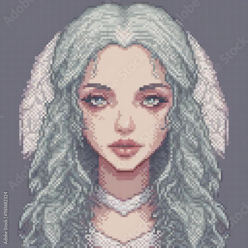 Stunning pixel art cross stitch pattern featuring a woman with flowing locks.