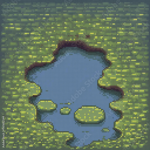 Blue gear on a vibrant green backdrop, pixel art style.