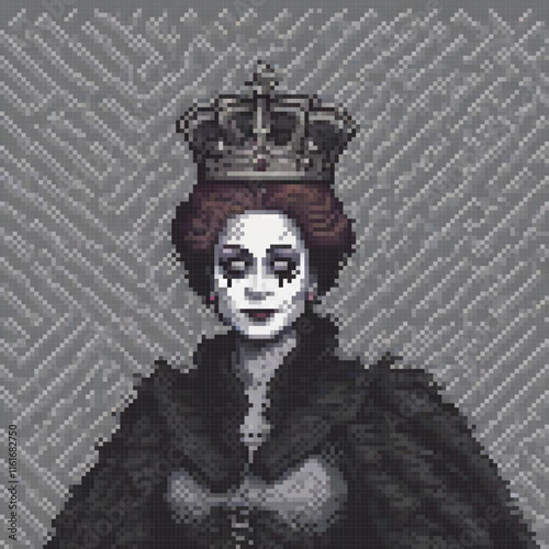 Cross stitch pattern featuring a regal woman adorned with a crown, perfect for crafting enthusiasts.