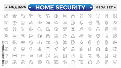 Set of Home Security web icons in line style. Guard, cyber security, password, smart home, safety, data protection, key, shield, lock, unlock, eye access. Security editable stroke outline icon. 