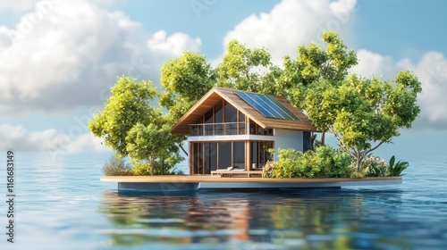 Eco-friendly floating house on a small island in the sea, surrounded by lush vegetation and solar panels on the roof. photo