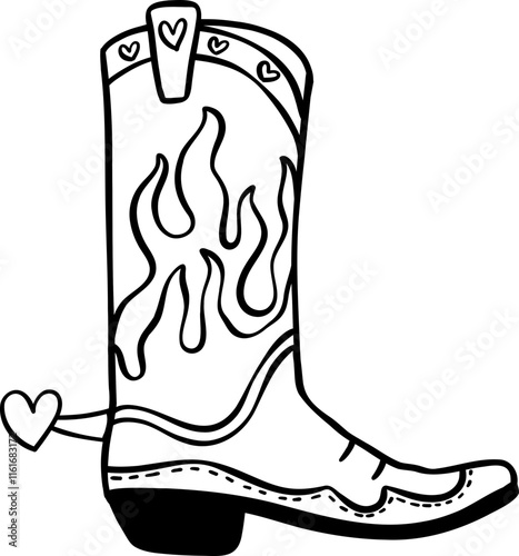 Retro Cowboy Valentine Boot Fire coloring image