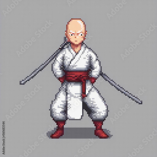 Karate master in traditional kimono wields dual swords in pixel art.