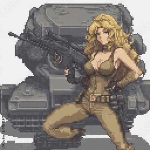 Pixel art of a woman with a gun, bravely facing a tank.