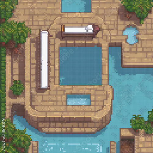 Pixel art of a cozy home with a serene pool