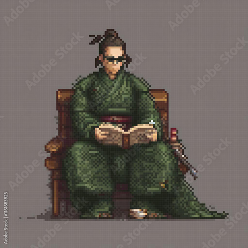 Traditional Japanese man in kimono, engrossed in reading.