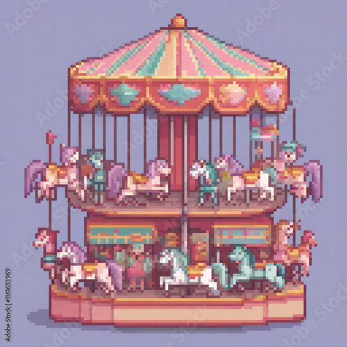 Vintage carousel scene with colorful horses and joyful riders.