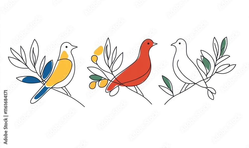 Three birds perched on olive branches; line art. Three birds perched on olive branches; line art.