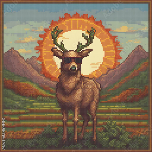Pixel art cross stitch deer in mountainous field