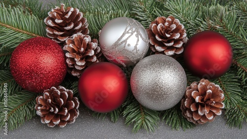 Festive Christmas Ornaments Arranged With Pine Branches photo