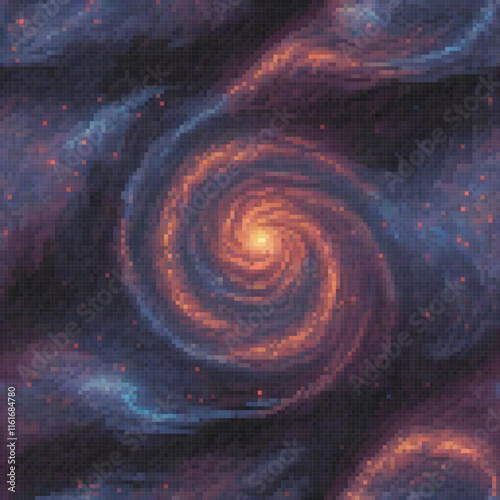Stunning pixel art of a spiral galaxy in the NGC constellation.