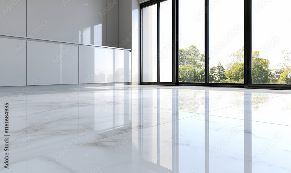 Fototapeta premium Bright, modern interior with glossy marble floor and large windows.