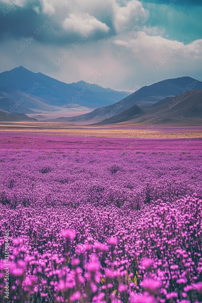 A vibrant field of purple flowers against a backdrop of mountains and dramatic skies. A vibrant field of purple flowers against a backdrop of mountains and dramatic skies.