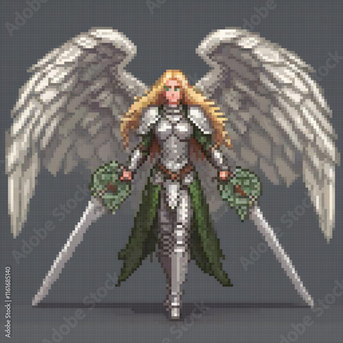 Angelic pixel art with swords and green cloak