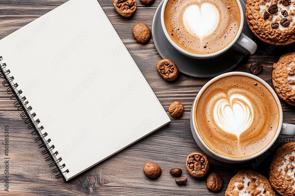 Two cappuccinos, notebook, cookies, and coffee beans on wooden table. Two cappuccinos, notebook, cookies, and coffee beans on wooden table.