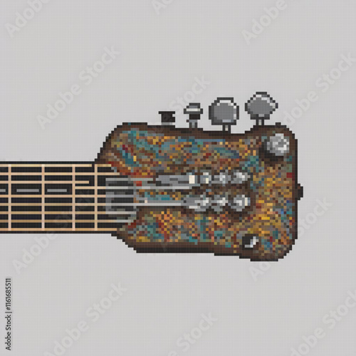 Vibrant pixel art electric guitar with a unique colorful design.