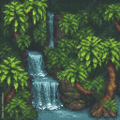 Pixel art of a serene waterfall amidst a vibrant green forest.