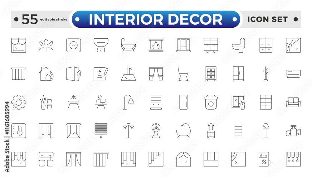 Home interior and furniture elements - thin line web icon set. Outline icons of kitchen, living room, bedroom and office collection. Simple vector illustration. Editable stroke outline icon.
Home interior and furniture elements - thin line web icon set. Outline icons of kitchen, living room, bedroom and office collection. Simple vector illustration. Editable stroke outline icon.