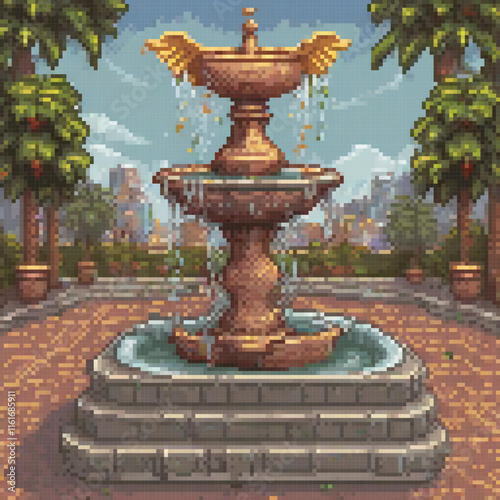 Pixel art of a serene park fountain surrounded by palm trees.