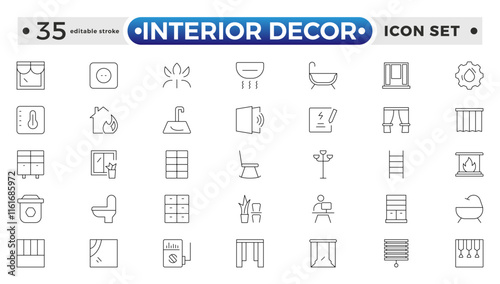 Home interior and furniture elements - thin line web icon set. Outline icons of kitchen, living room, bedroom and office collection. Simple vector illustration. Editable stroke outline icon. 
