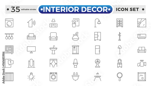 Home interior and furniture elements - thin line web icon set. Outline icons of kitchen, living room, bedroom and office collection. Simple vector illustration. Editable stroke outline icon. 

