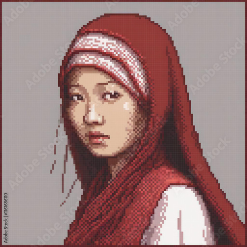 Vibrant pixel art of a woman wearing a red headscarf, perfect for retro-themed collections.