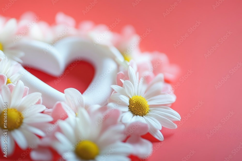 Obraz premium Romantic Heart Frame with Daisies and Petals on Pink Background for Valentine's Day Celebrations