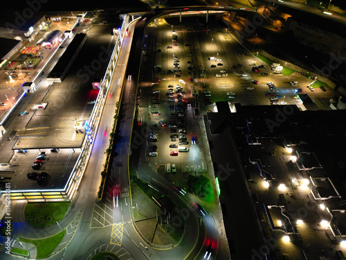 Aerial View of Illuminated Brighton Beach and Ocean City and British Tourist Attraction of East Sussex, England Great Britain During Night. Drone's Camera Footage Captured on December 3rd, 2024 photo