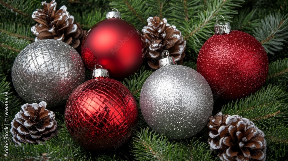 Festive Christmas ornaments nestled amongst pine branches and cones Festive Christmas ornaments nestled amongst pine branches and cones