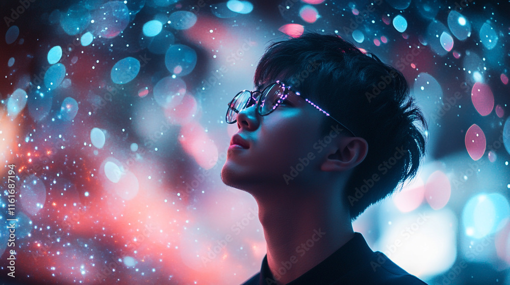 Young man gazes thoughtfully amidst colorful bokeh lights at night Young man gazes thoughtfully amidst colorful bokeh lights at night