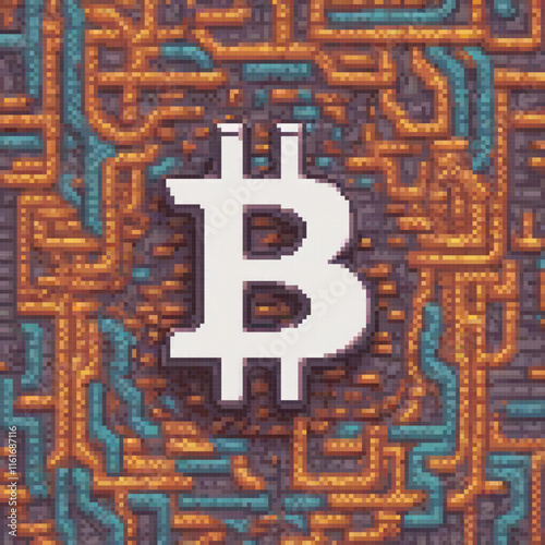 Pixel art of a Bitcoin on a circuit board, showcasing digital currency and technology.