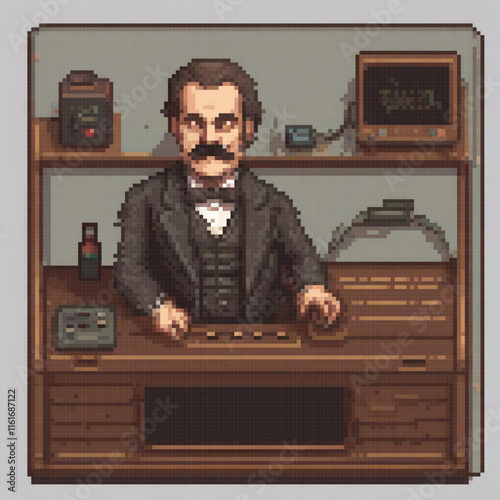 Pixel art of Abraham Lincoln, the 16th U.S. president, seated at his desk, embodying wisdom and leadership.