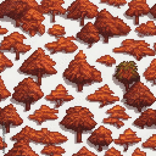 Pixel art depicting a serene forest scene on a pristine white backdrop.