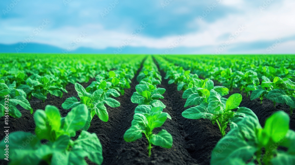 Sustainable farming with green crops growing in rows under blue sky. vibrant plants thrive in rich soil, showcasing beauty of agriculture and nature harmony Sustainable farming with green crops growing in rows under blue sky. vibrant plants thrive in rich soil, showcasing beauty of agriculture and nature harmony