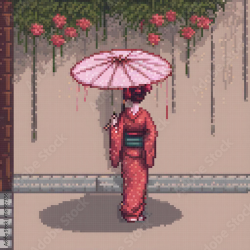 Red kimono lady with umbrella in pixel art style