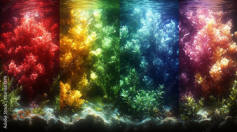 Obraz premium Stunning Underwater Coral Reef Spectrum Display in Rainbow Colors: Vibrant Red, Orange, Yellow, Green, Blue, Purple Marine Scene with Lush Aquatic Beauty